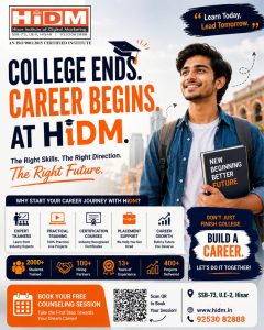 College student holding a book with HiDM digital marketing institute course details