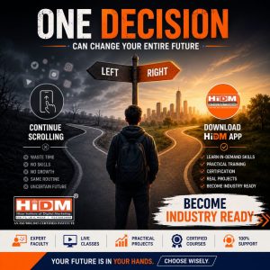 Person standing at a crossroads choosing between continuing scrolling and downloading the HiDM app