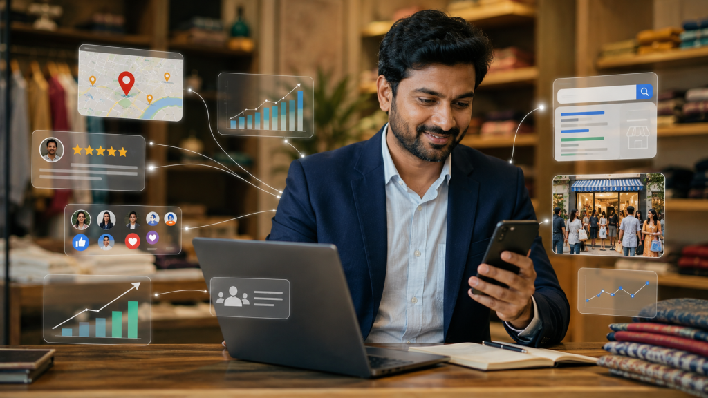 Indian small business owner using digital marketing to grow local business