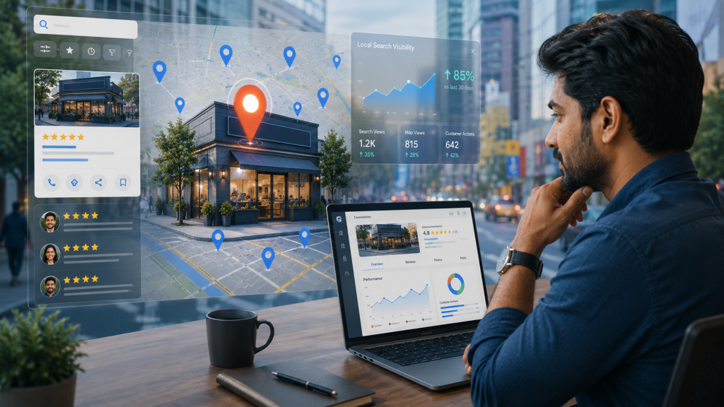 Indian business owner analyzing local SEO and Google Maps search performance