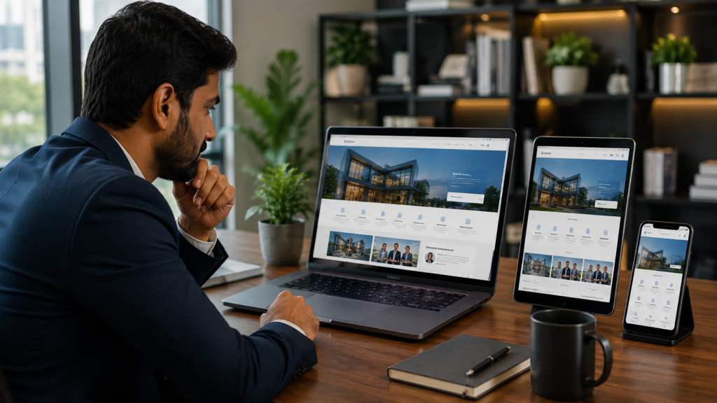 Indian business owner reviewing a responsive website on laptop, tablet and smartphone