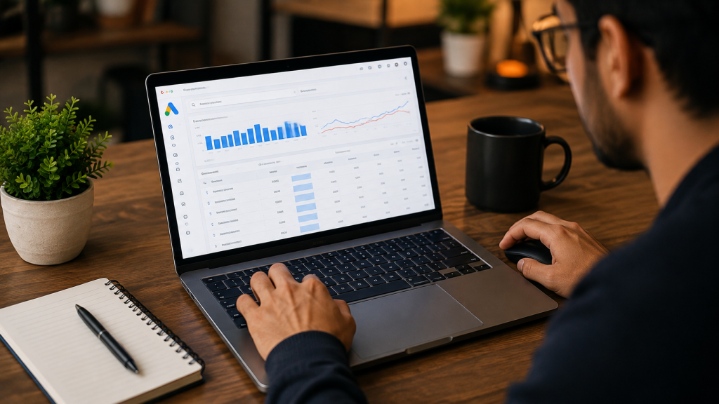 Digital marketer researching keywords on Google Keyword Planner using a laptop.