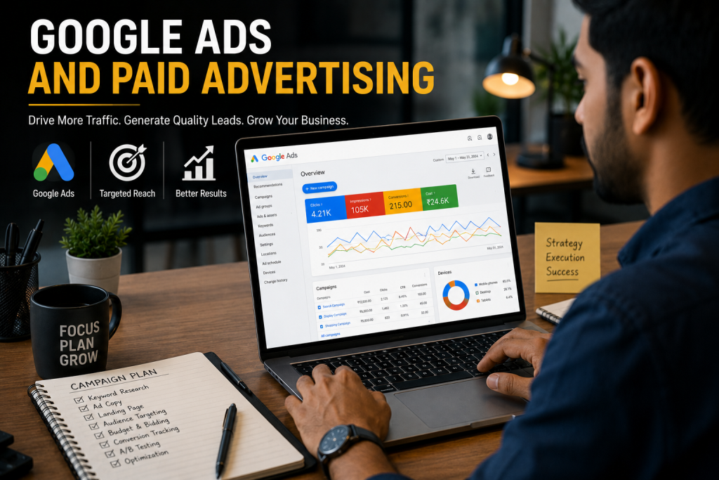 Business owner working on Google Ads and paid advertising campaign