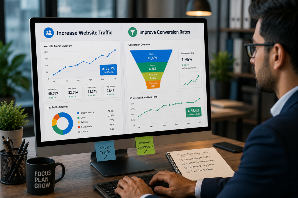 Business owner analyzing website traffic and conversion rates on computer