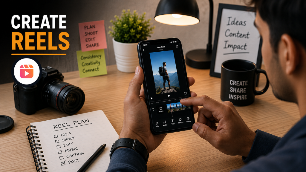 Person creating and editing a social media Reel on a smartphone at a creative workspace.