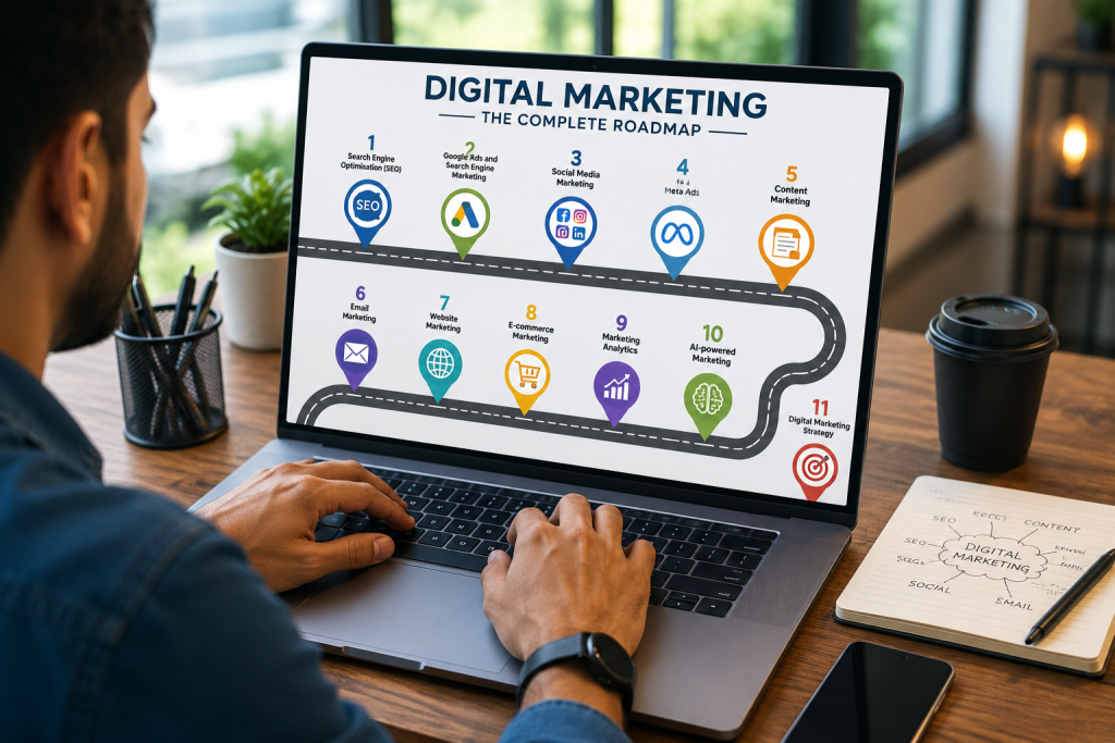 Young Indian man working on a laptop showing a digital marketing roadmap covering SEO, Google Ads, social media marketing, Meta Ads, content marketing, email marketing, website marketing, e-commerce, analytics, AI marketing, and digital marketing strategy.