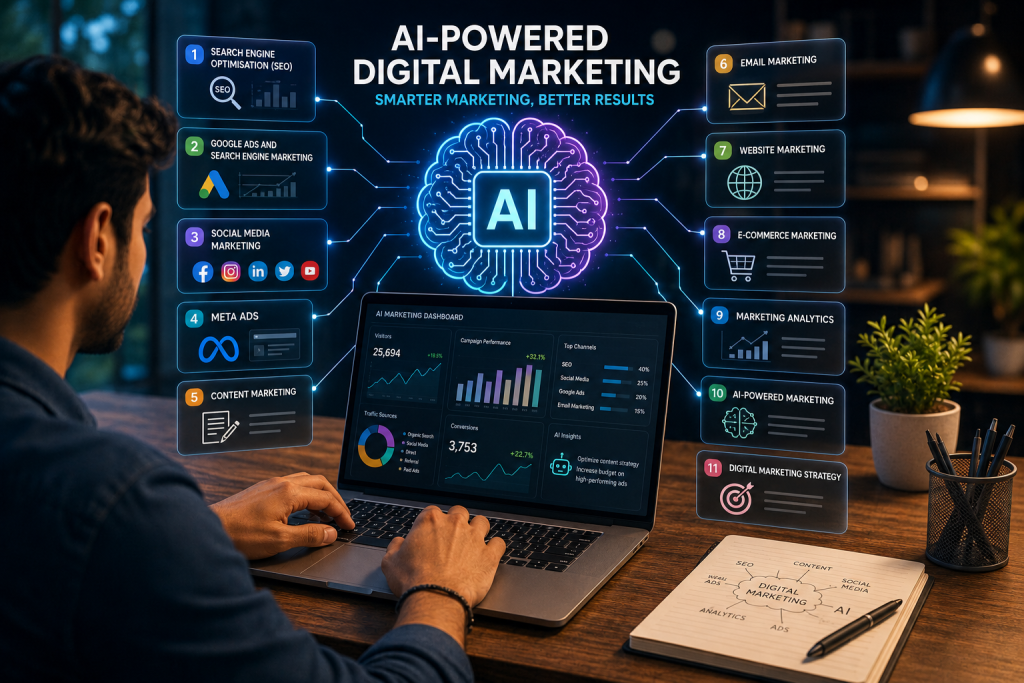 AI-powered digital marketing concept showing a man working on a laptop with an AI marketing dashboard and holographic icons for SEO, Google Ads, social media, Meta Ads, content marketing, email marketing, analytics, and digital strategy.