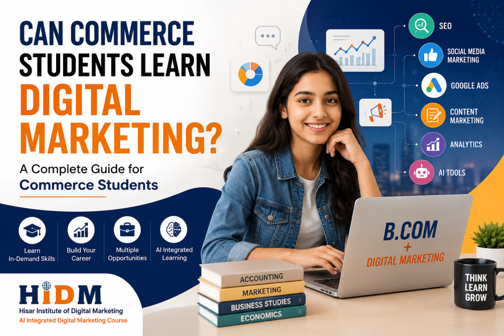 Commerce students learning digital marketing with AI integrated training at HIDM