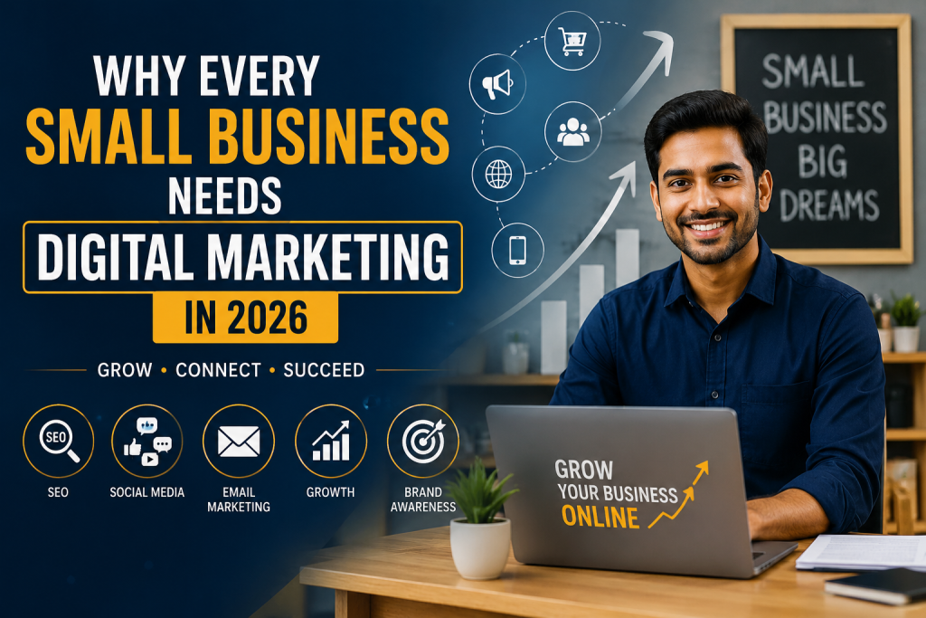 Small Business Digital Marketing in 2026 showing SEO, social media marketing, email marketing, and online business growth strategies.