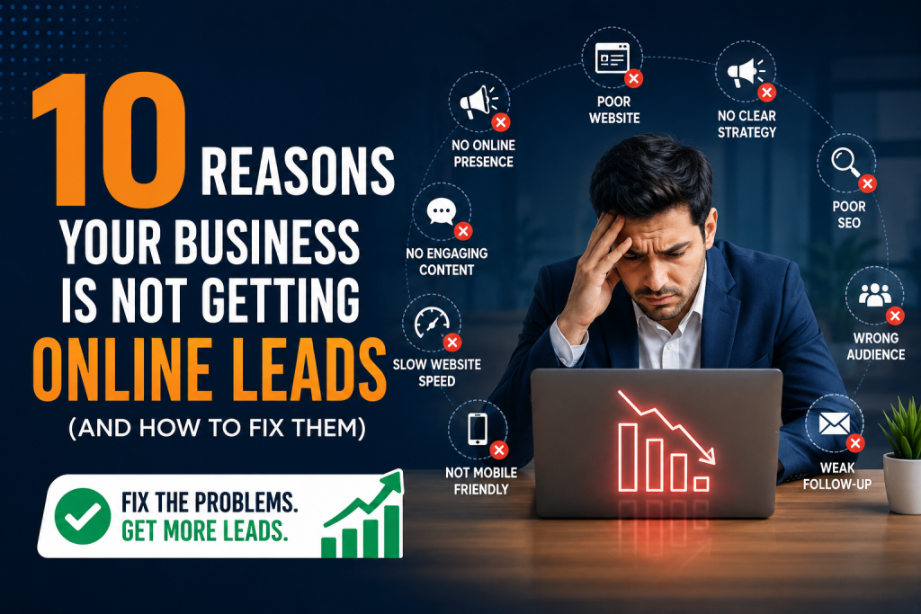 Business owner looking frustrated at a laptop with a declining graph, highlighting 10 reasons why a business is not getting online leads, including poor SEO, slow website speed, weak follow-up, and wrong audience targeting.