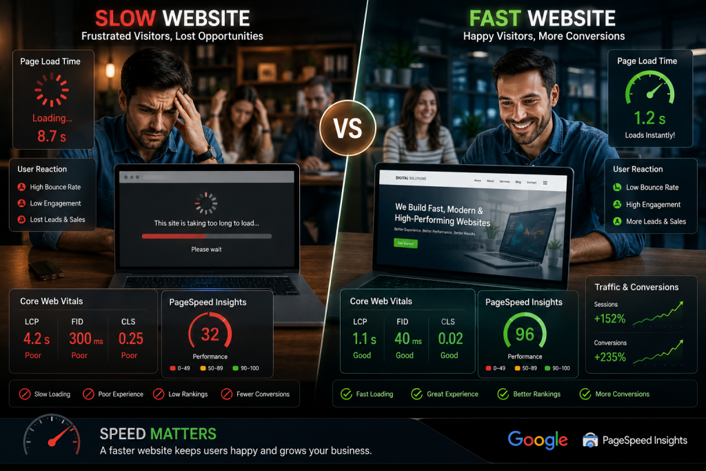 Split-screen comparison showing a slow website with frustrated users and poor Core Web Vitals versus a fast-loading website with happy visitors, Google PageSpeed Insights score, speedometer, and improved website performance metrics.