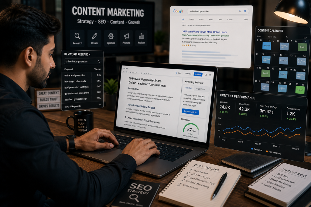 Content marketer writing SEO blog articles on a laptop using keyword research tools, Google search results, AI writing assistant, content calendar, and analytics dashboards in a modern digital marketing office.