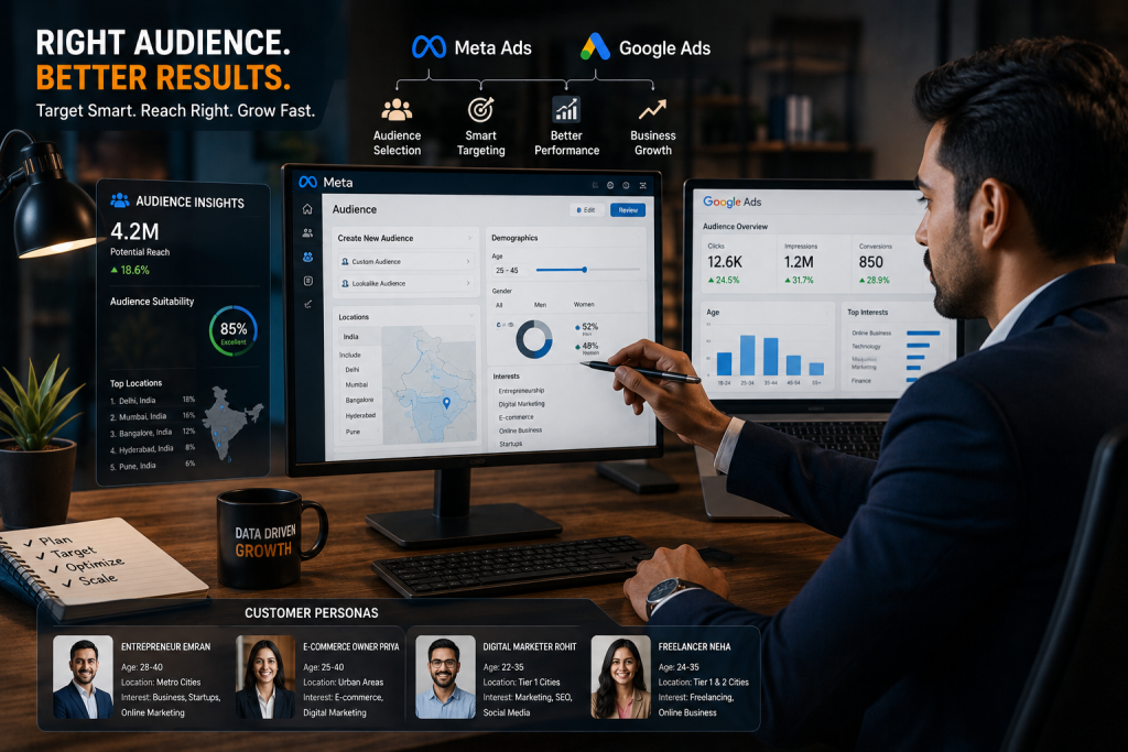 Digital marketer selecting the right customer audience using Meta Ads and Google Ads targeting dashboards, audience demographics, customer personas, business analytics, and campaign performance metrics in a modern office.