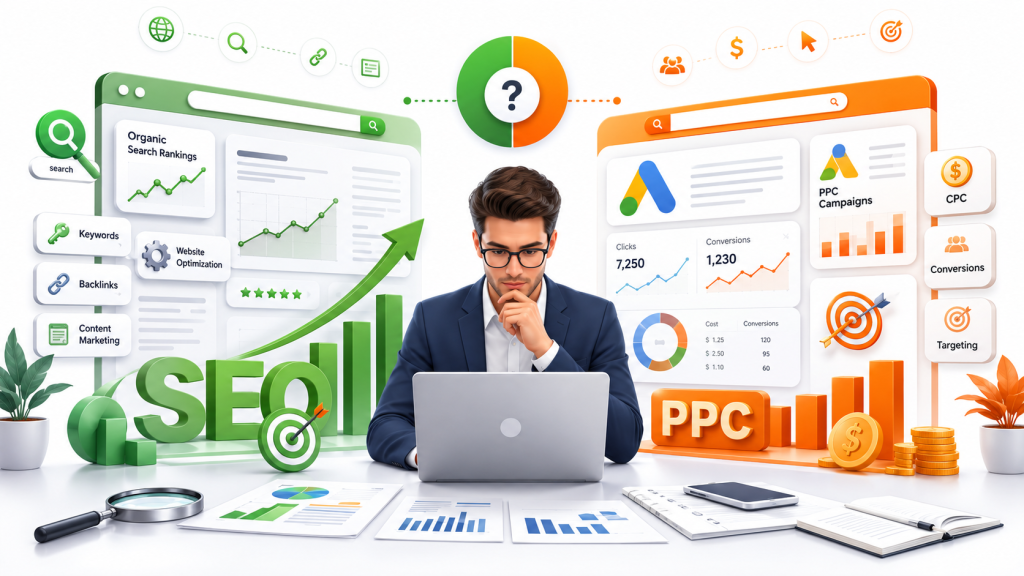 "Premium 3D vector illustration comparing SEO and Google Ads strategies for business growth. The left side highlights SEO with organic search rankings, website optimization, keywords, backlinks, content marketing, and an upward growth graph in a green theme. The right side showcases Google Ads with PPC campaigns, CPC, conversions, targeting, and an advertising dashboard in an orange theme. A business professional analyzes both digital marketing strategies on a laptop, surrounded by analytics charts, search icons, and modern UI elements on a clean white background."