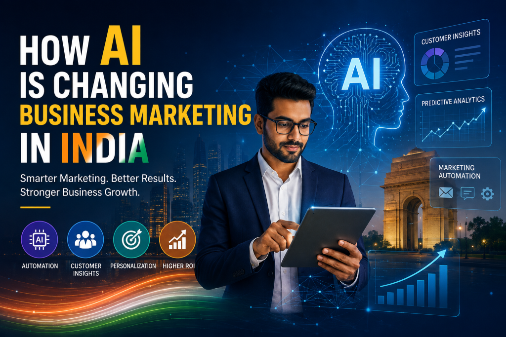 Business Marketing AI in India showing artificial intelligence transforming digital marketing, customer insights, automation, and business growth in 2026.