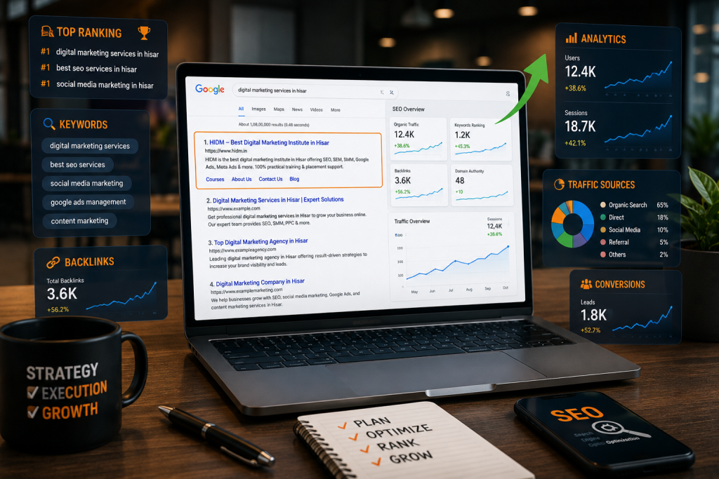 Modern laptop displaying Google search results with a website ranking on the first page, SEO keywords, backlink metrics, analytics dashboards, traffic growth charts, and digital marketing tools in a premium office workspace.