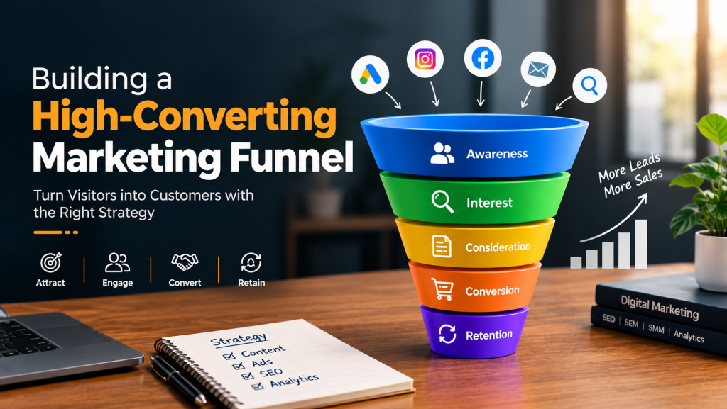 Marketing Funnel showing the customer journey from awareness to conversion and retention