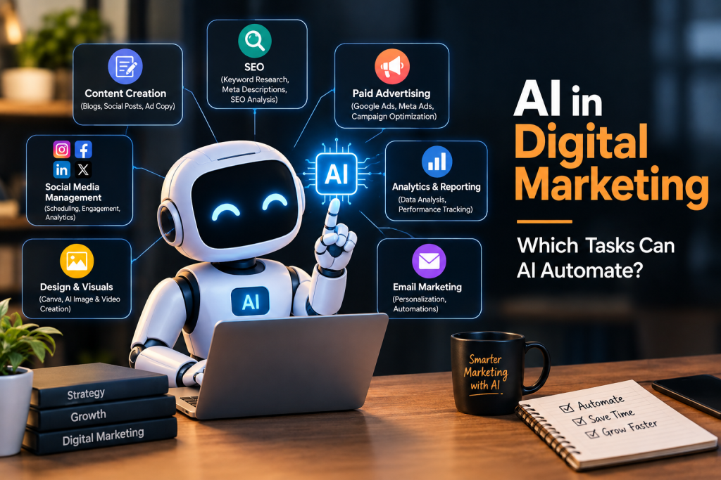 AI in Digital Marketing automating SEO, content creation, advertising and analytics tasks