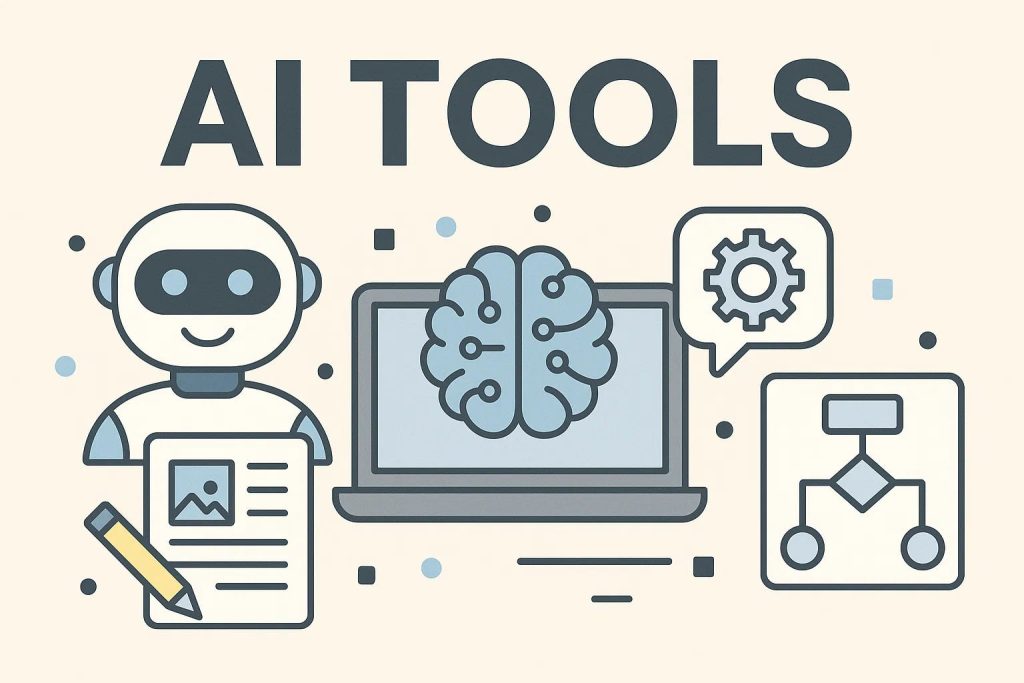 Vector illustration of a friendly AI robot laptop and workflow diagrams for AI in digital marketing tools