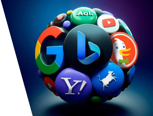 A 3D sphere featuring popular search engine logos including Google, Bing, Yahoo, DuckDuckGo, and AOL explaining how search engine work.