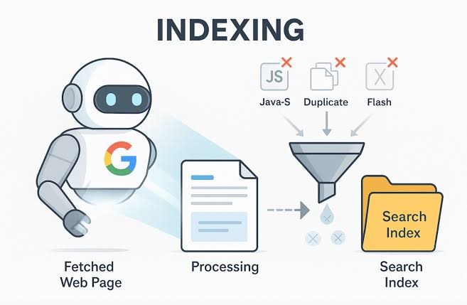 Diagram showing how search engine work by fetching web pages, filtering unneeded scripts, and saving data to the search index.